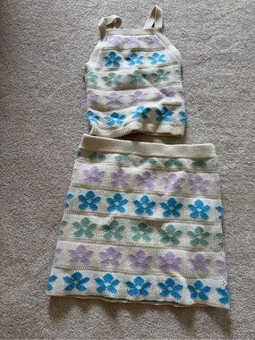 Cream Knit Floral Two-Piece Set with Blue, Green, Lavender Flowers